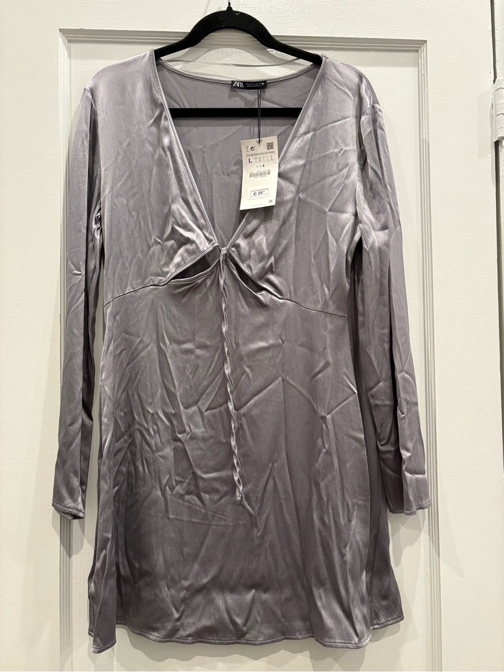 ZARA Women’s Silver Gray Long Sleeve Cut Out Dress NWT Large Party V Neck